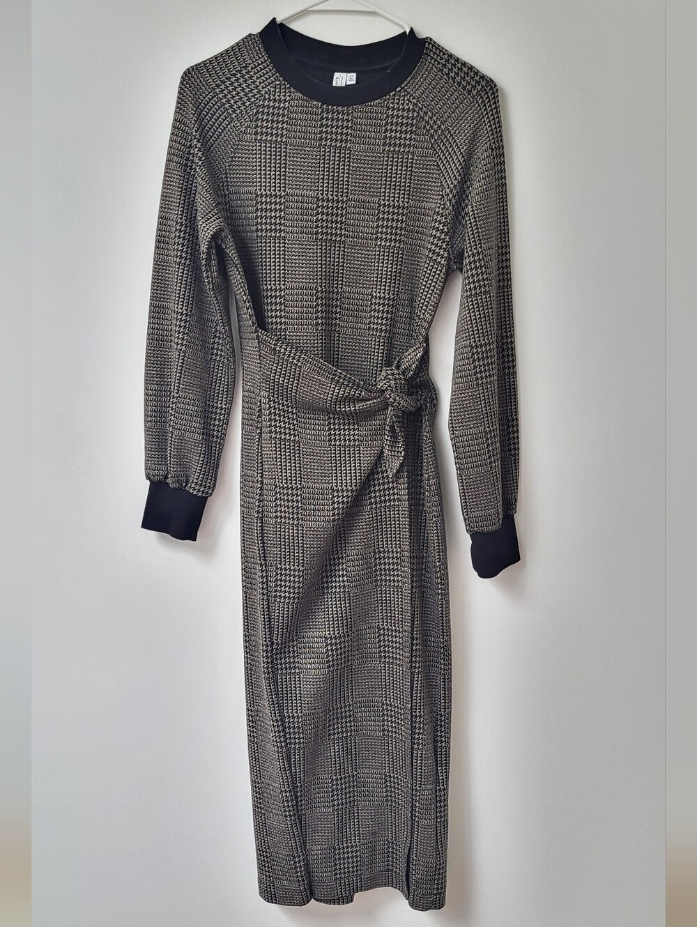 & Other Stories Black and White Plaid Midi Wrap-Tie Dress